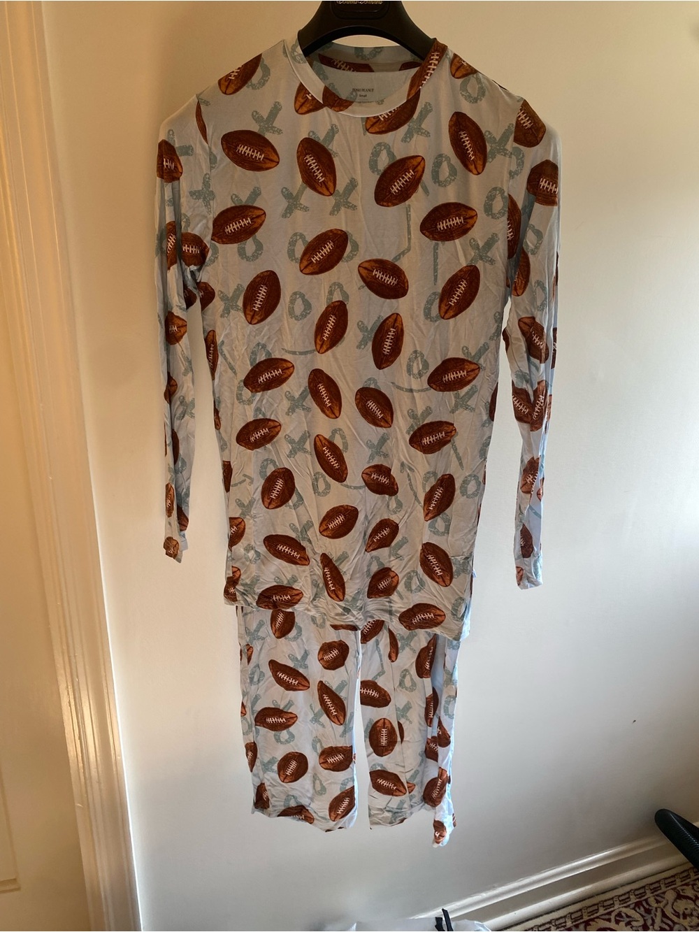 Women’s Posh Peanut Light Blue and Brown Football Pajama Set size small